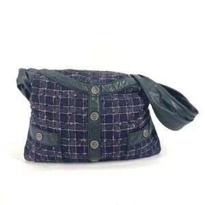 CHANEL button Girl chanel Shoulder Bag tweed / Leather Navy/pink